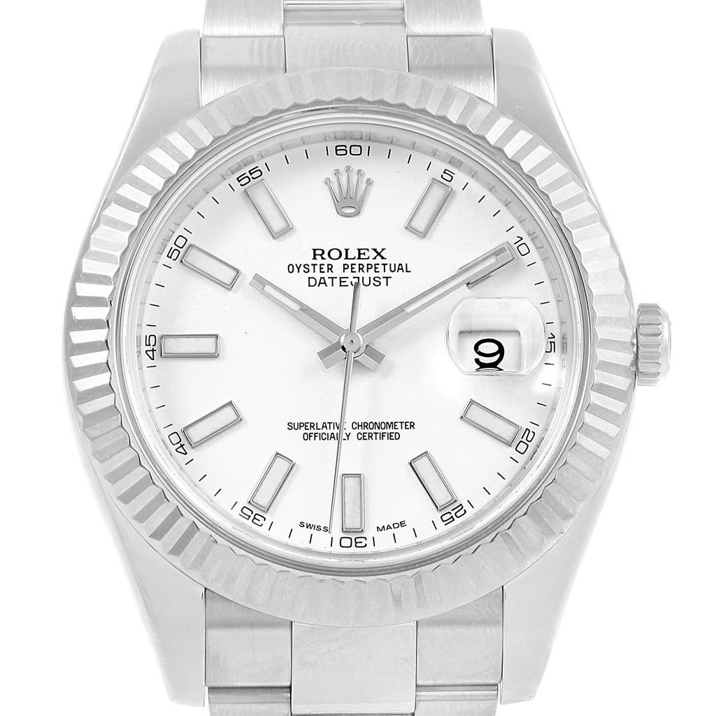 The image shows a front view of the Rolex Datejust 41 116334 Men's Stainless Steel White Dial 116334 Men's Stainless Steel White Dial model watch, highlighting the dial, bezel, hands, and bracelet.