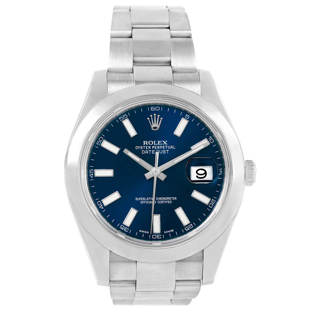 The image shows a front view of the Rolex Datejust 41 116300 Men's Stainless Steel Blue Dial 116300 Men's Stainless Steel Blue Dial watch, displaying its blue dial, date window, and stainless steel bracelet.