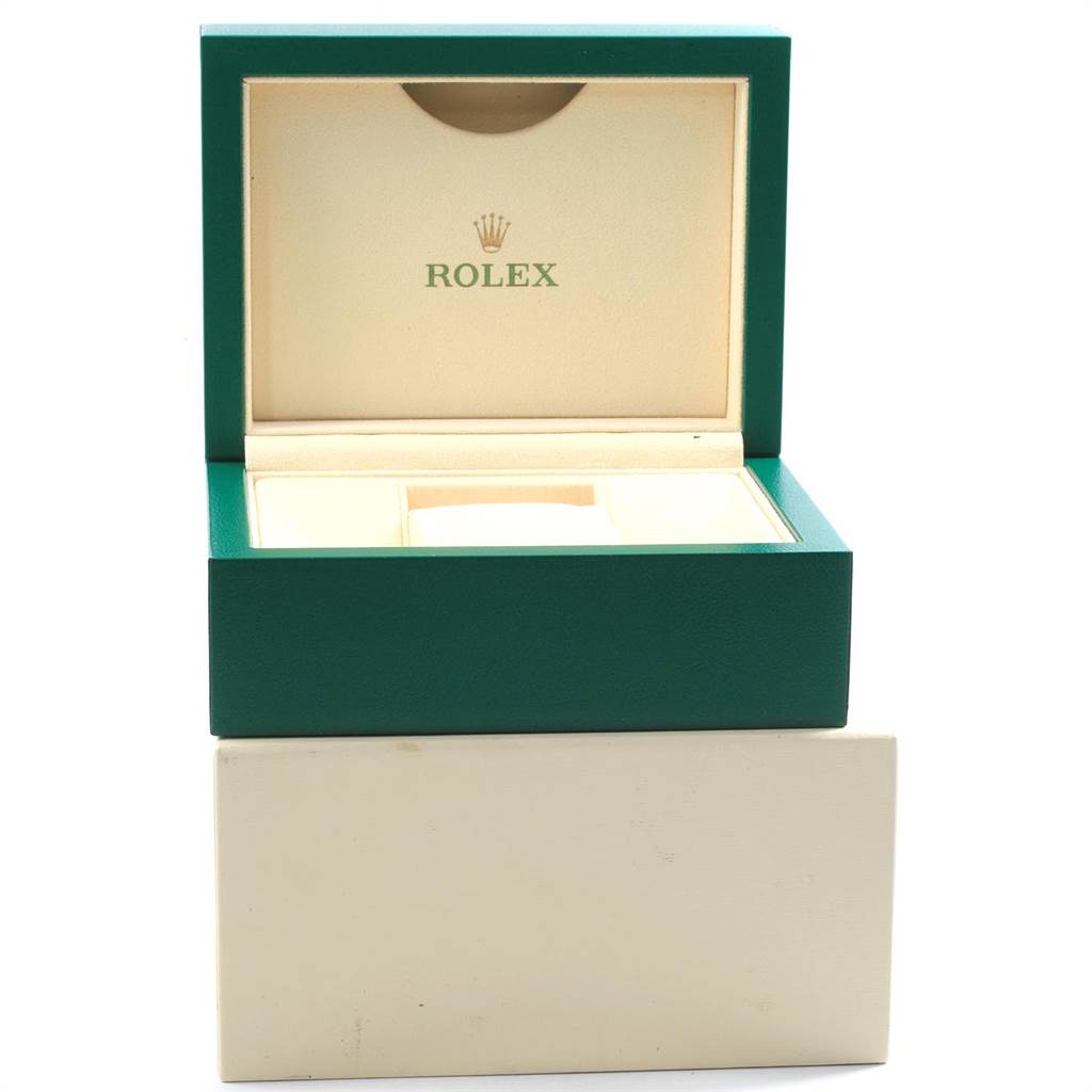The image shows an empty green and beige Rolex Datejust 41 116300 Men's Stainless Steel Blue Dial 116300 Men's Stainless Steel Blue Dial watch box with the lid open, displaying the brand logo inside.