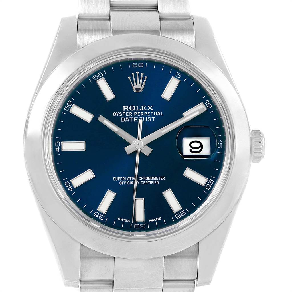 This image shows a front view of the Rolex Datejust 41 116300 Men's Stainless Steel Blue Dial 116300 Men's Stainless Steel Blue Dial watch, highlighting its blue dial and date display at 3 o'clock.