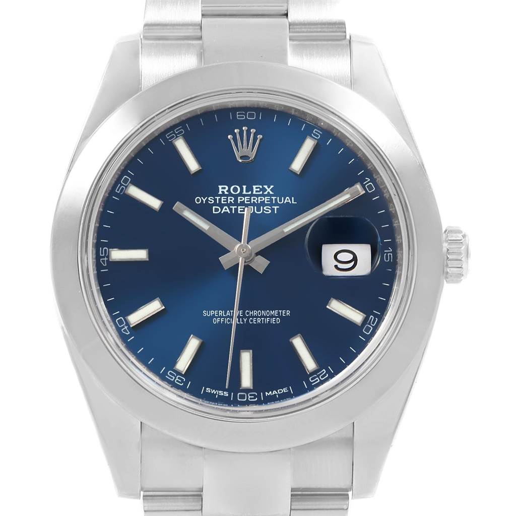 The Rolex Datejust 41 126300 Men's Stainless Steel Blue Dial 126300 Men's Stainless Steel Blue Dial watch is shown from the front, displaying the blue dial, crown, hands, and date window.
