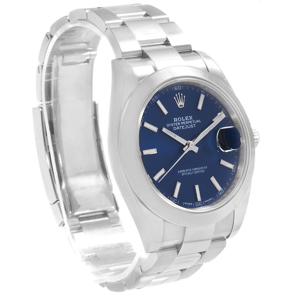 The Rolex Datejust 41 126300 Men's Stainless Steel Blue Dial 126300 Men's Stainless Steel Blue Dial is shown at a slight angle, displaying its blue dial, case, and metal bracelet.
