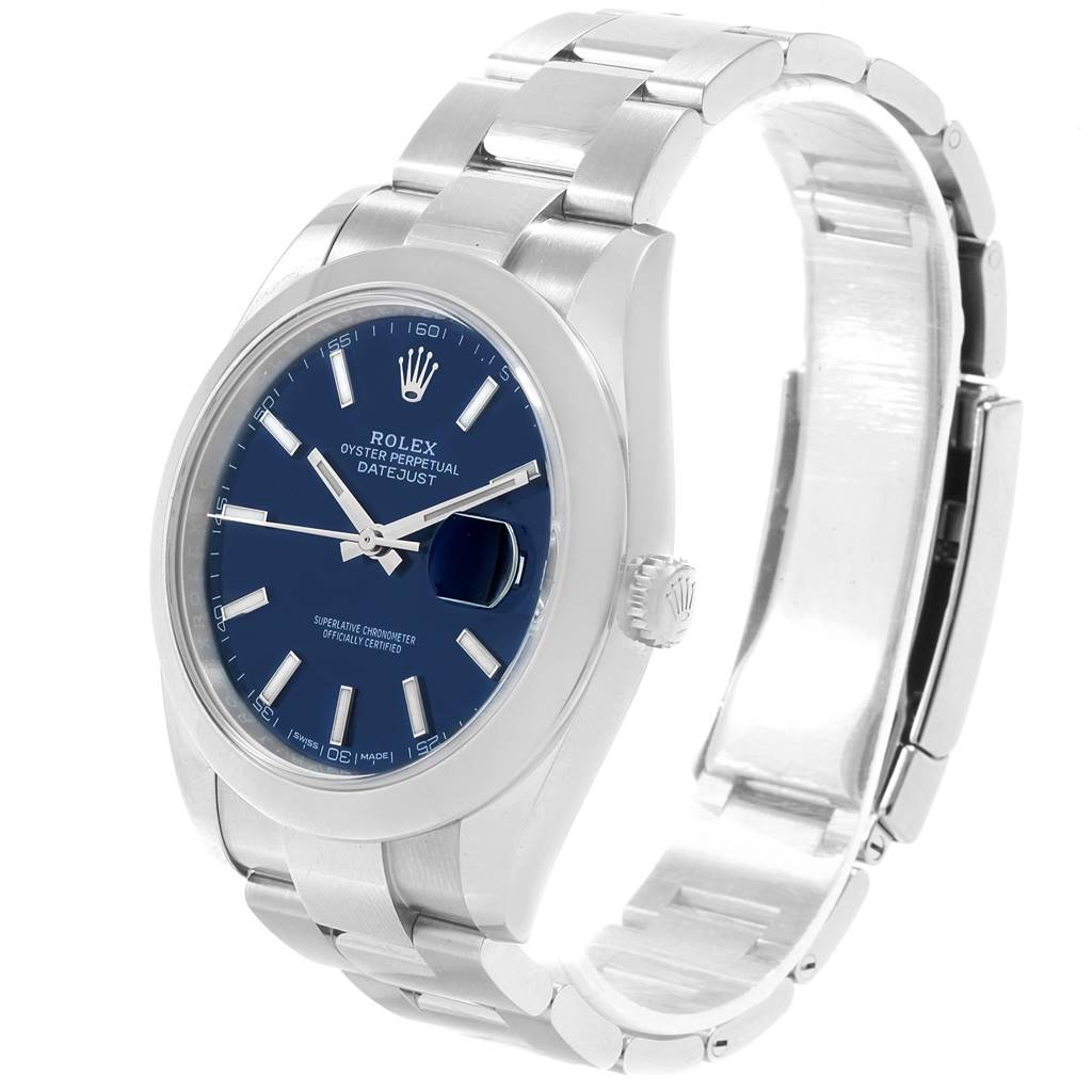 This image shows the Rolex Datejust 41 126300 Men's Stainless Steel Blue Dial 126300 Men's Stainless Steel Blue Dial watch at a three-quarter angle, highlighting its face, bracelet, and crown.