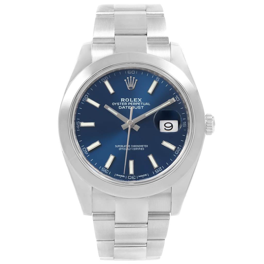 The image shows a front view of a Rolex Datejust 41 126300 Men's Stainless Steel Blue Dial 126300 Men's Stainless Steel Blue Dial watch, featuring a blue dial, date window, and stainless steel bracelet.