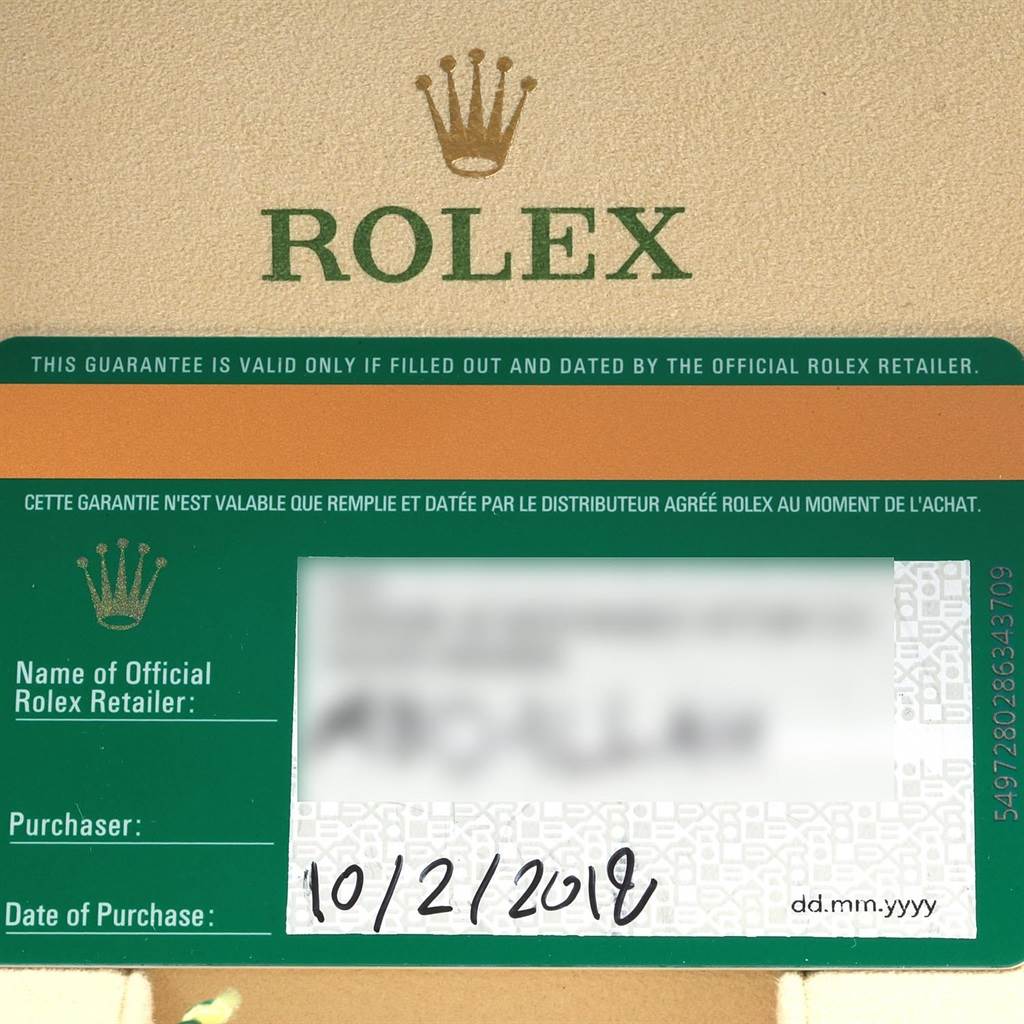 The image shows the authenticity card for a Rolex Datejust 41 126300 Men's Stainless Steel Blue Dial 126300 Men's Stainless Steel Blue Dial, including the purchase date and official retailer fields.