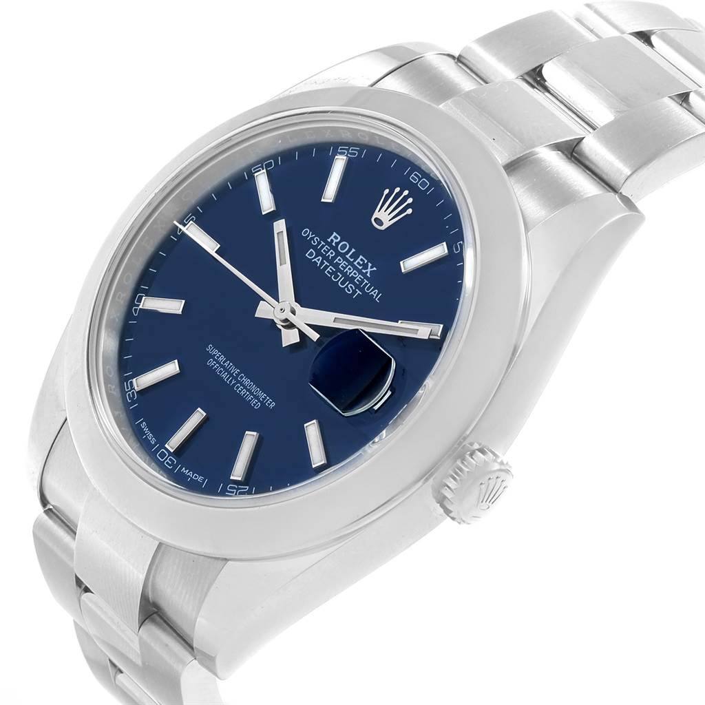 The image shows a Rolex Datejust 41 126300 Men's Stainless Steel Blue Dial 126300 Men's Stainless Steel Blue Dial watch from an angled view, highlighting the face, crown, and part of the bracelet.
