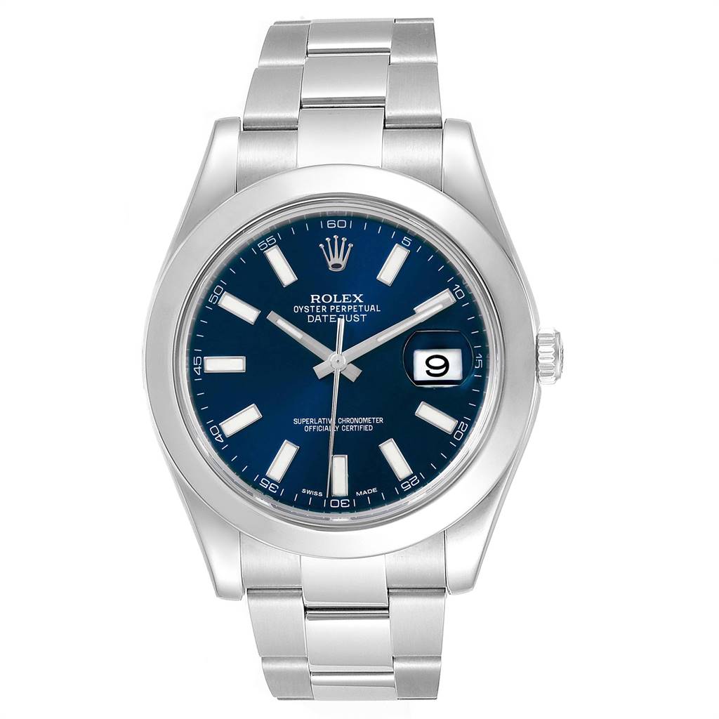 The image shows a frontal view of the Rolex Datejust 41 116300 Men's Stainless Steel Blue Dial 116300 Men's Stainless Steel Blue Dial watch, highlighting the dial, bezel, and bracelet.