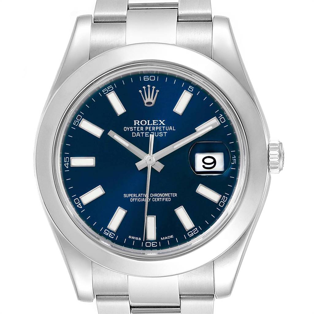 This image shows a front-facing view of the dial and part of the bracelet of a Rolex Datejust 41 116300 Men's Stainless Steel Blue Dial 116300 Men's Stainless Steel Blue Dial watch.