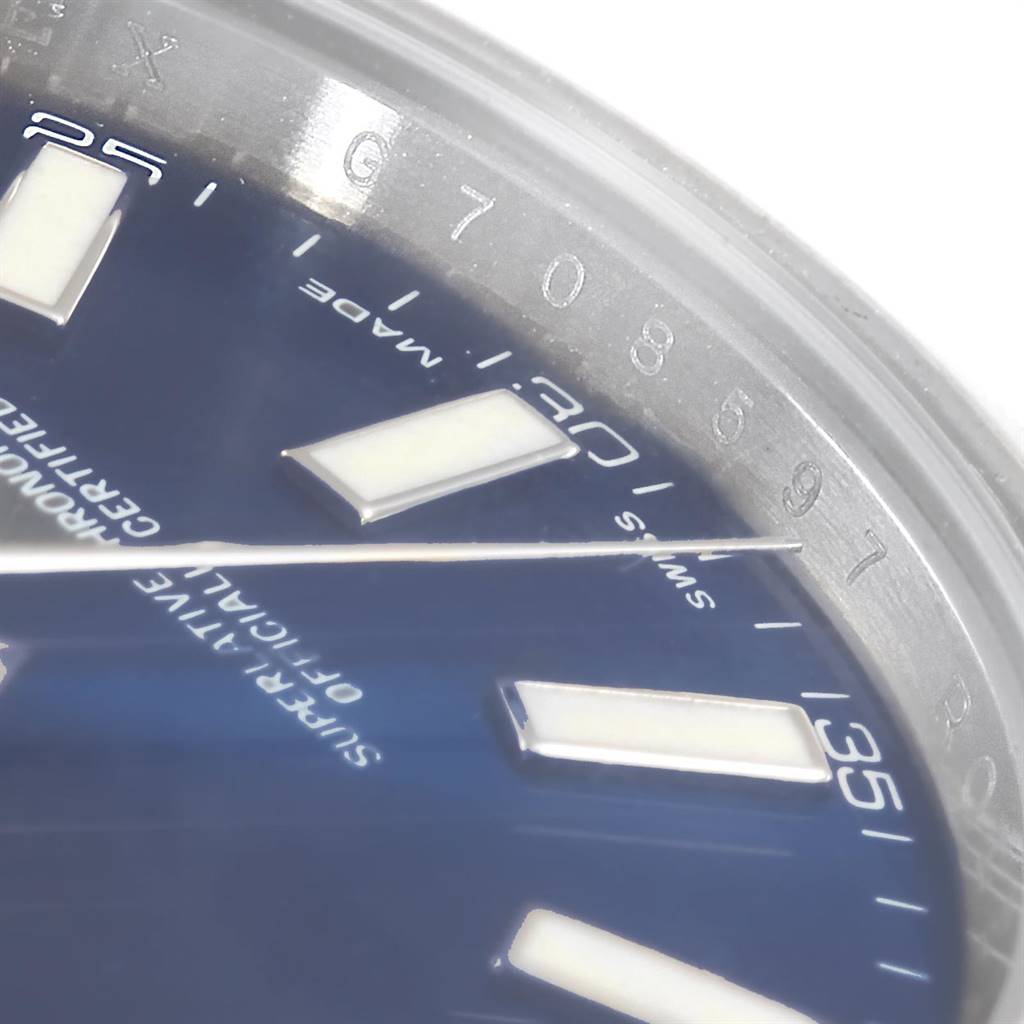 This close-up of the Rolex Datejust 41 116300 Men's Stainless Steel Blue Dial 116300 Men's Stainless Steel Blue Dial watch shows part of the blue dial, hour markers, and the seconds track along the edge.