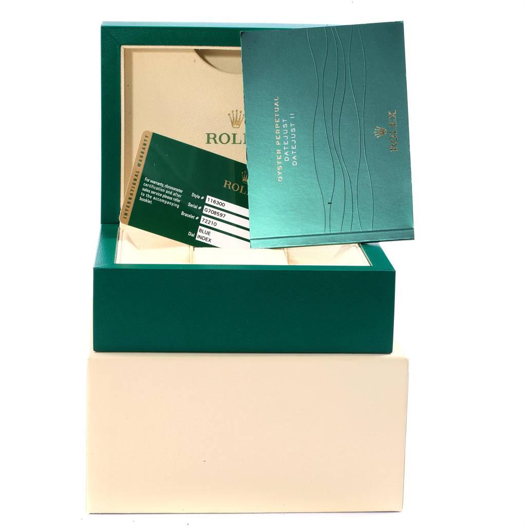 This image shows the packaging and documentation for a Rolex Datejust 41 116300 Men's Stainless Steel Blue Dial 116300 Men's Stainless Steel Blue Dial, including the box, manual, and warranty card.