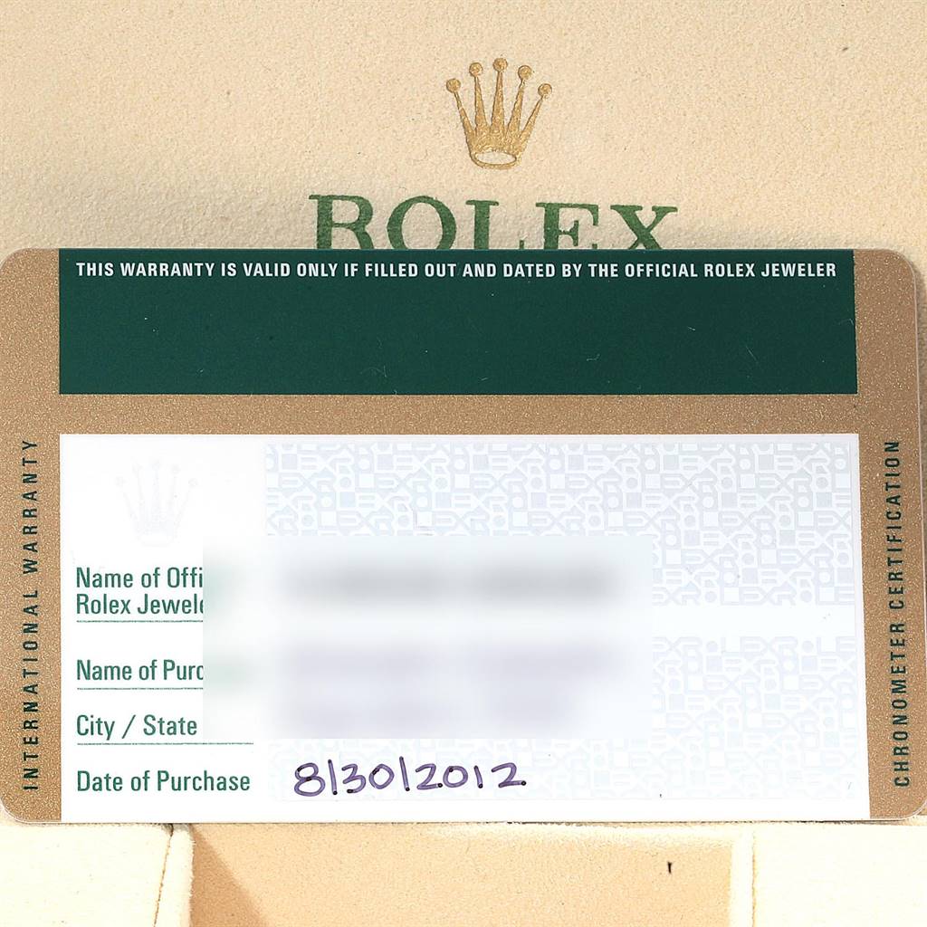 The image shows the warranty card for a Rolex Datejust 41 116300 Men's Stainless Steel Blue Dial 116300 Men's Stainless Steel Blue Dial model.