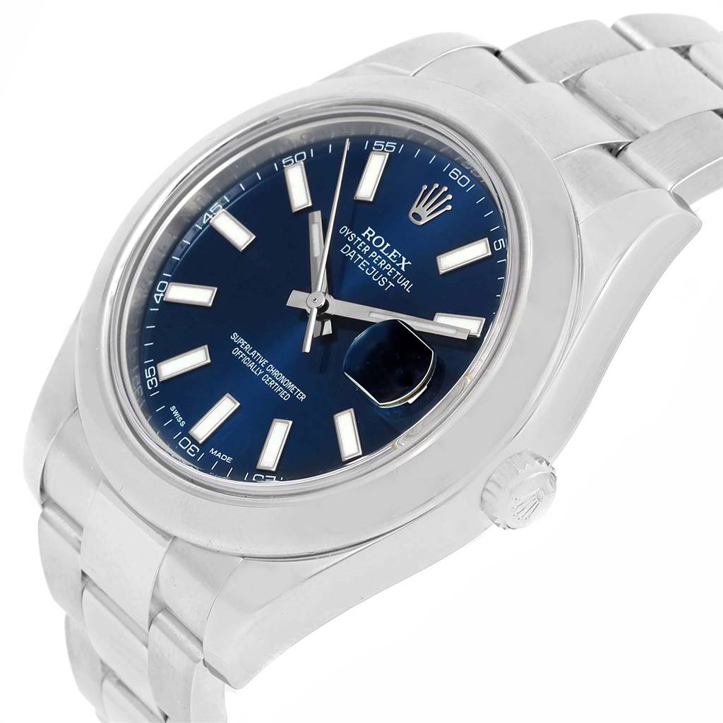 The image shows a Rolex Datejust 41 116300 Men's Stainless Steel Blue Dial 116300 Men's Stainless Steel Blue Dial model at a slight angle, highlighting the dial, bracelet, crown, and date magnification.