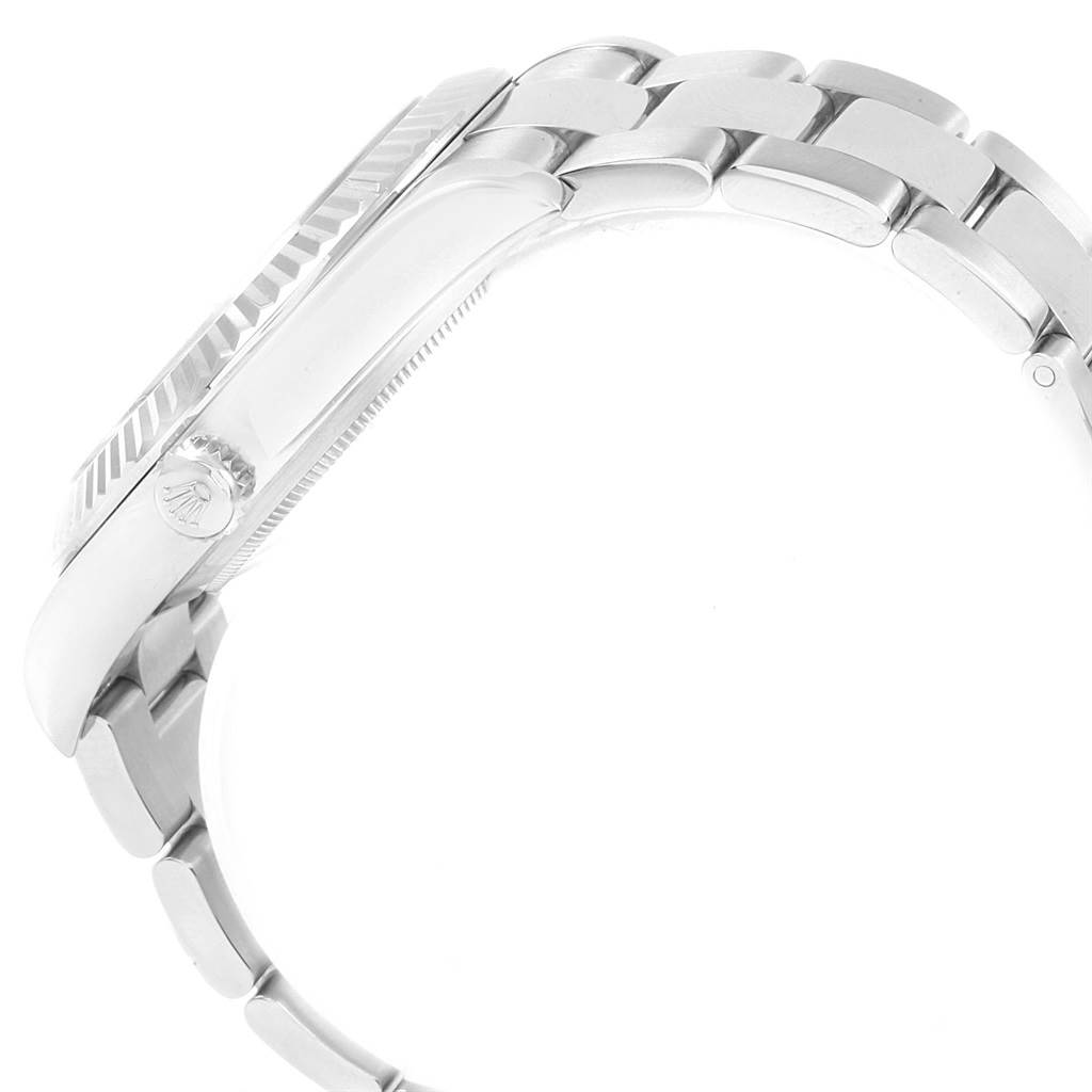 This image shows a side view of the Rolex Datejust 41 116334 Men's Stainless Steel Blue Dial 116334 Men's Stainless Steel Blue Dial, highlighting the crown, case, and bracelet.