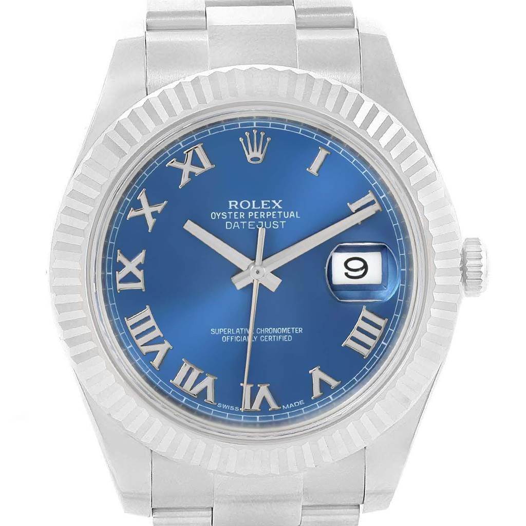 The image shows the Rolex Datejust 41 116334 Men's Stainless Steel Blue Dial 116334 Men's Stainless Steel Blue Dial model watch, featuring a blue dial with Roman numerals, a date window, and fluted bezel.