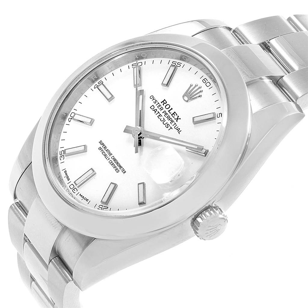 The image shows the Rolex Datejust 41 126300 Men's Stainless Steel White Dial 126300 Men's Stainless Steel White Dial watch at an oblique angle, highlighting the dial, bezel, bracelet, and crown.