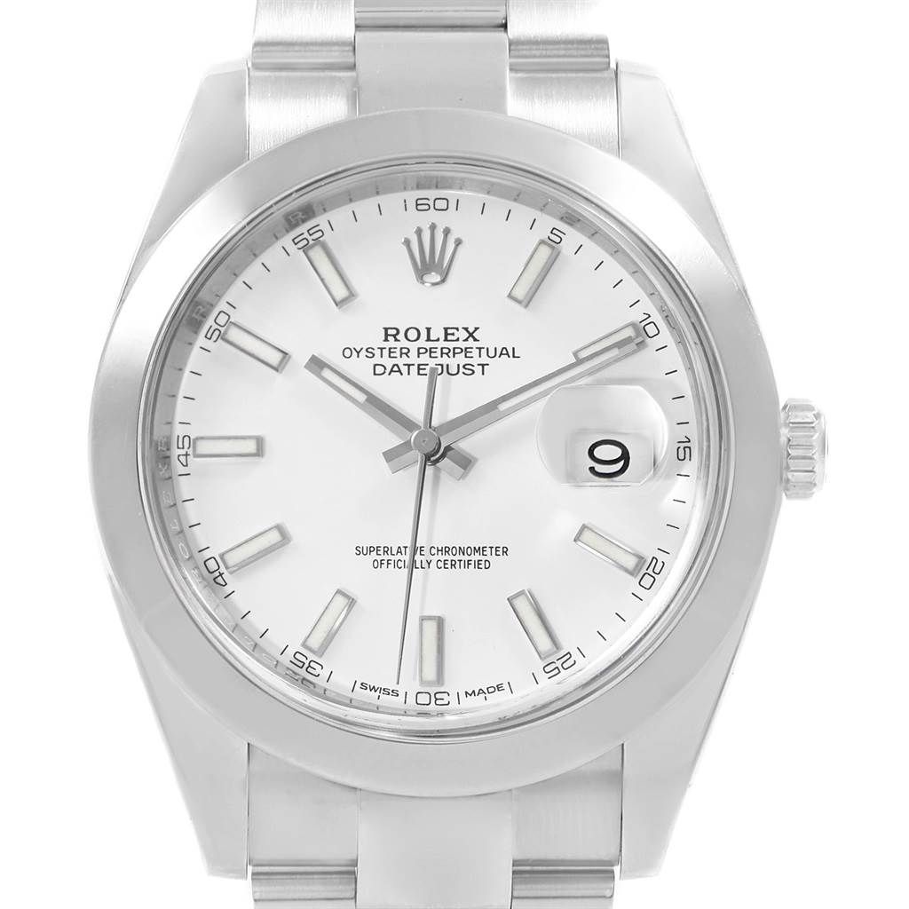The image shows a front view of the Rolex Datejust 41 126300 Men's Stainless Steel White Dial 126300 Men's Stainless Steel White Dial watch, featuring its dial, hands, date indicator, and part of the bracelet.