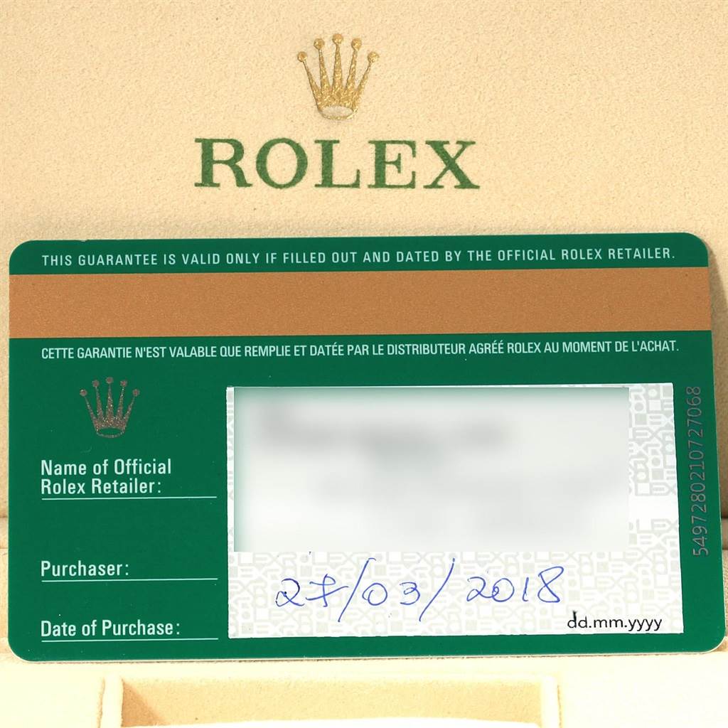 The image shows a guarantee card for the Rolex Datejust 41 126300 Men's Stainless Steel White Dial 126300 Men's Stainless Steel White Dial model, including retailer details and date of purchase.