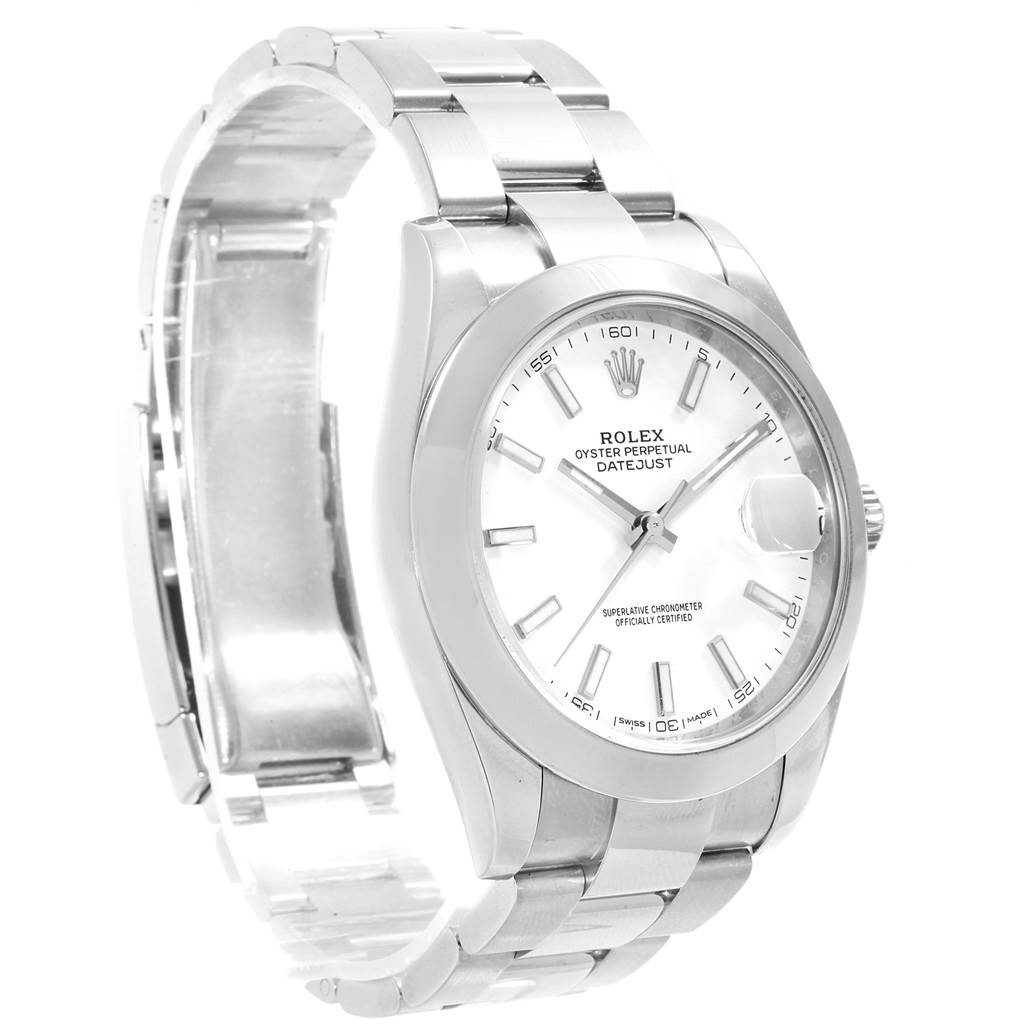 The image shows a front and partial side view of the Rolex Datejust 41 126300 Men's Stainless Steel White Dial 126300 Men's Stainless Steel White Dial watch, highlighting its face and bracelet.