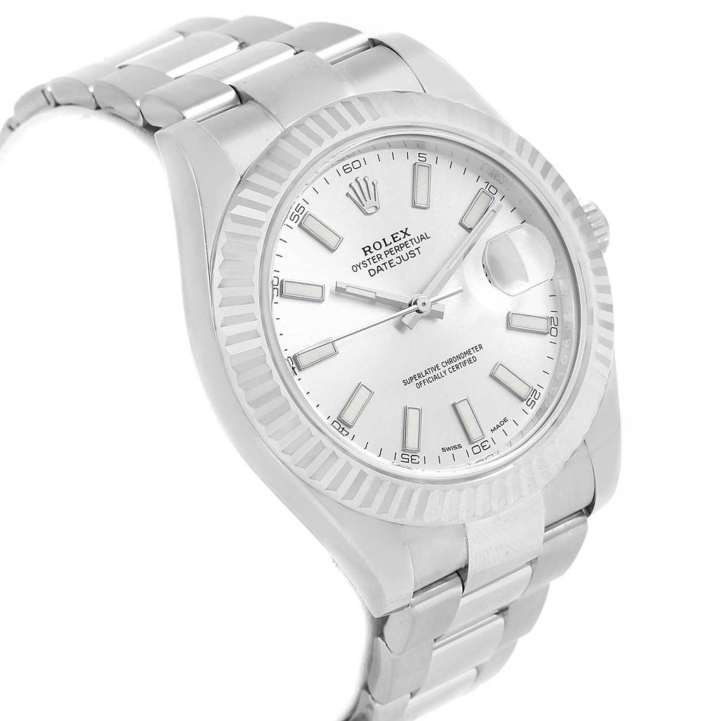 The Rolex Datejust 41 116334 Men's Stainless Steel Silver Dial 116334 Men's Stainless Steel Silver Dial watch is shown at a slight angle, displaying the face, bezel, and part of the bracelet.