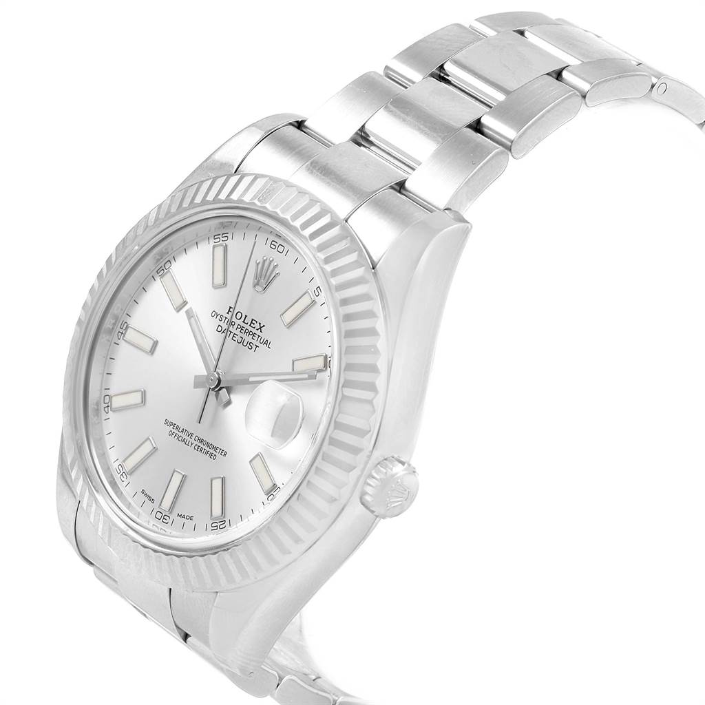 The image shows a Rolex Datejust 41 116334 Men's Stainless Steel Silver Dial 116334 Men's Stainless Steel Silver Dial watch from an angled side view, highlighting the dial, bezel, and bracelet.