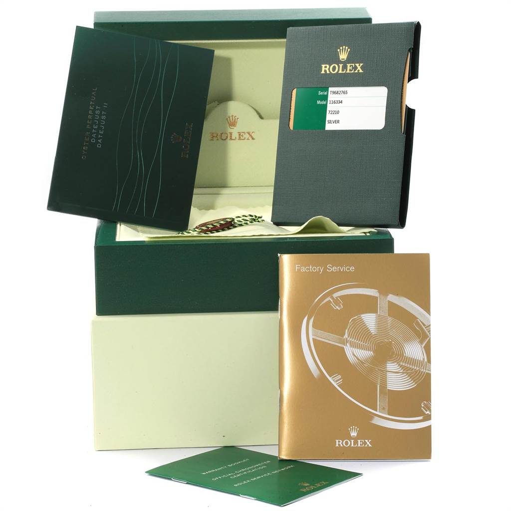 The image shows the packaging and accessories of a Rolex Datejust 41 116334 Men's Stainless Steel Silver Dial 116334 Men's Stainless Steel Silver Dial, including manuals, a service booklet, and the watch box.