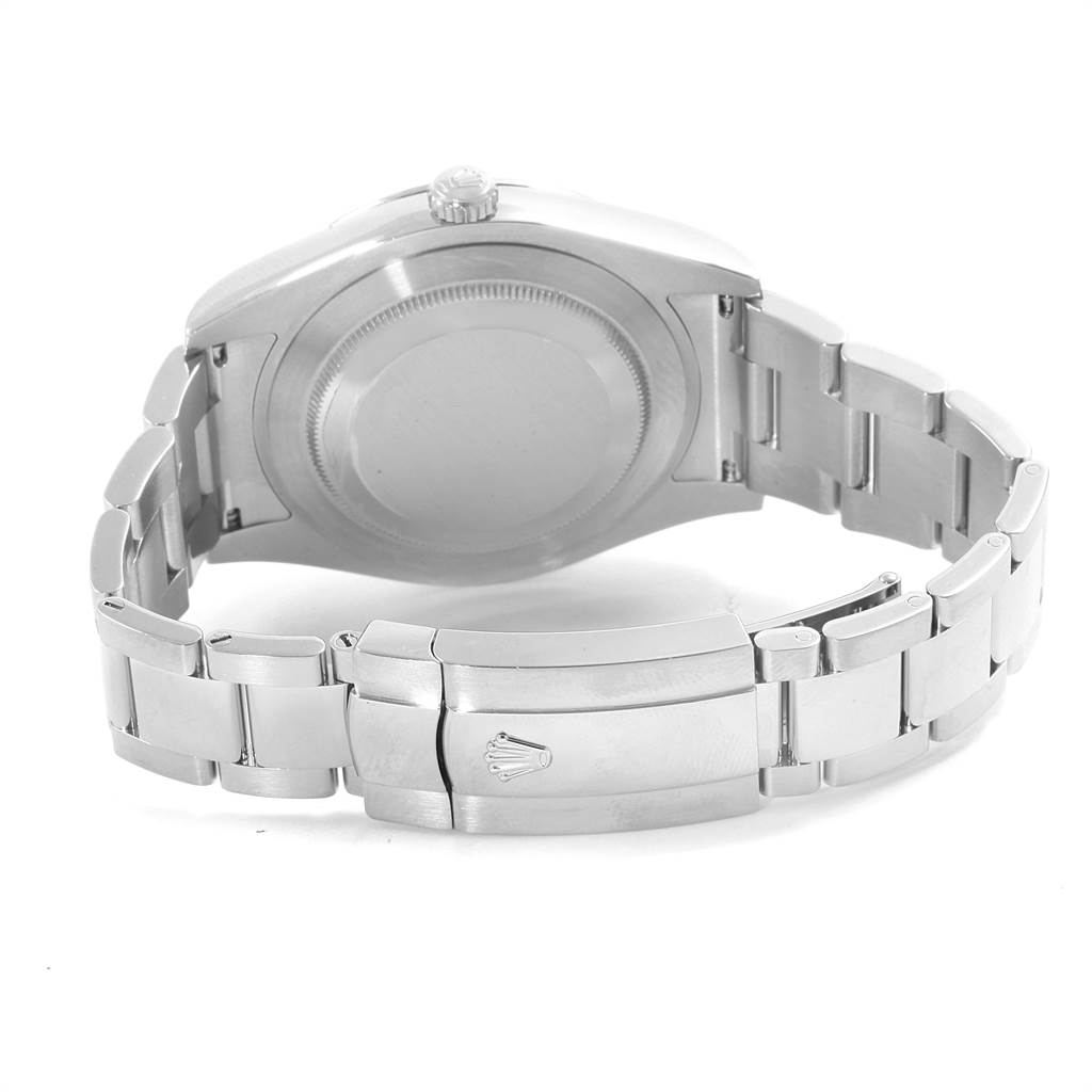 The image shows the back view of a Rolex Datejust 41 116334 Men's Stainless Steel Silver Dial 116334 Men's Stainless Steel Silver Dial watch, including the case back and the clasp of the bracelet.