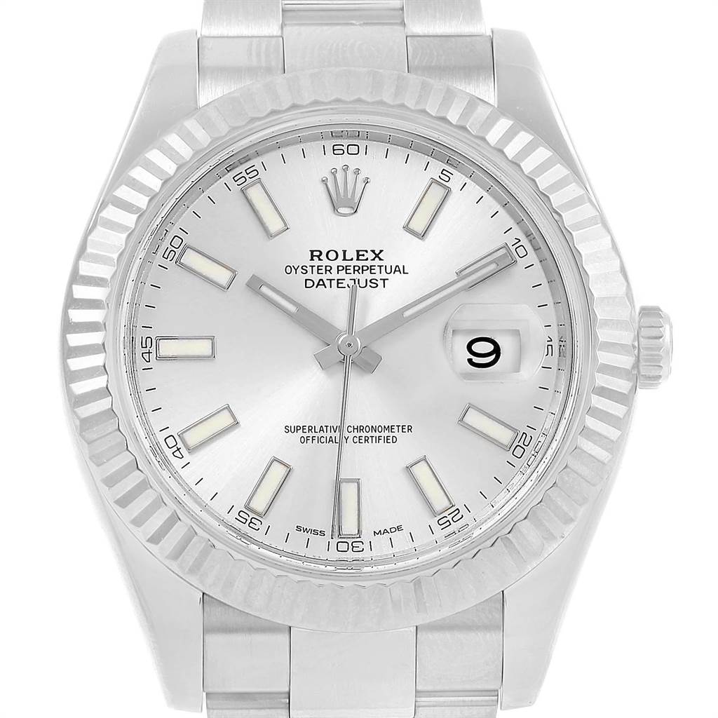 The image shows a front view of the Rolex Datejust 41 116334 Men's Stainless Steel Silver Dial 116334 Men's Stainless Steel Silver Dial model, highlighting the dial, bezel, and part of the bracelet.