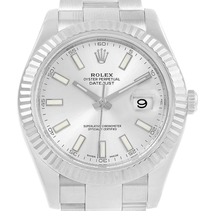 Rolex Datejust II Steel White Gold Silver Dial Watch 116334 Box Card SwissWatchExpo