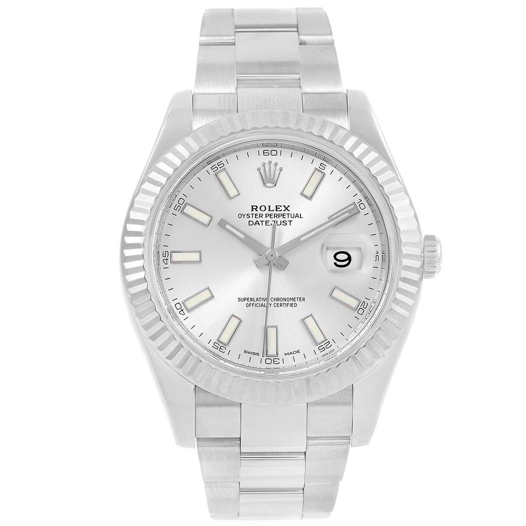 The Rolex Datejust 41 116334 Men's Stainless Steel Silver Dial 116334 Men's Stainless Steel Silver Dial watch is shown from a straight-on angle, highlighting the face, bezel, and bracelet.