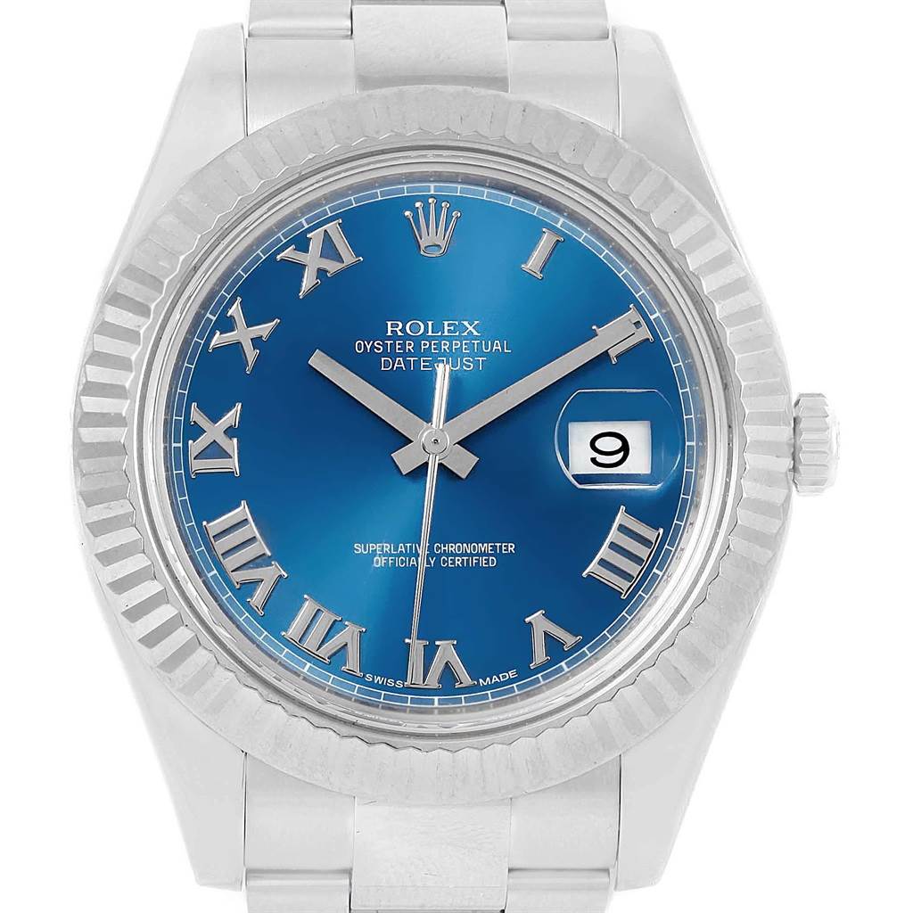 The image shows a front view of a Rolex Datejust 41 116334 Men's Stainless Steel Blue Dial 116334 Men's Stainless Steel Blue Dial watch, detailing the blue dial, Roman numerals, and date window at 3 o'clock.