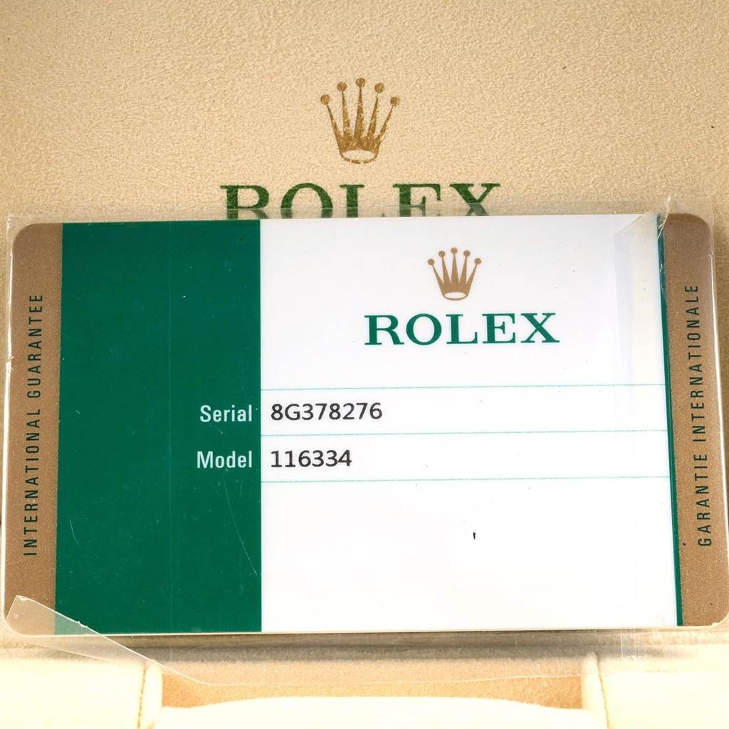 This image shows an international guarantee card for a Rolex Datejust 41 116334 Men's Stainless Steel Blue Dial 116334 Men's Stainless Steel Blue Dial model, with serial number 8G378276 and model number 116334.