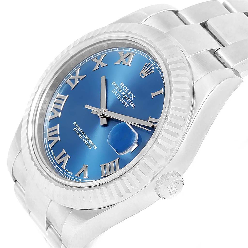 Side angle of a Rolex Datejust 41 116334 Men's Stainless Steel Blue Dial 116334 Men's Stainless Steel Blue Dial, showing the watch face, bezel, crown, and part of the bracelet.