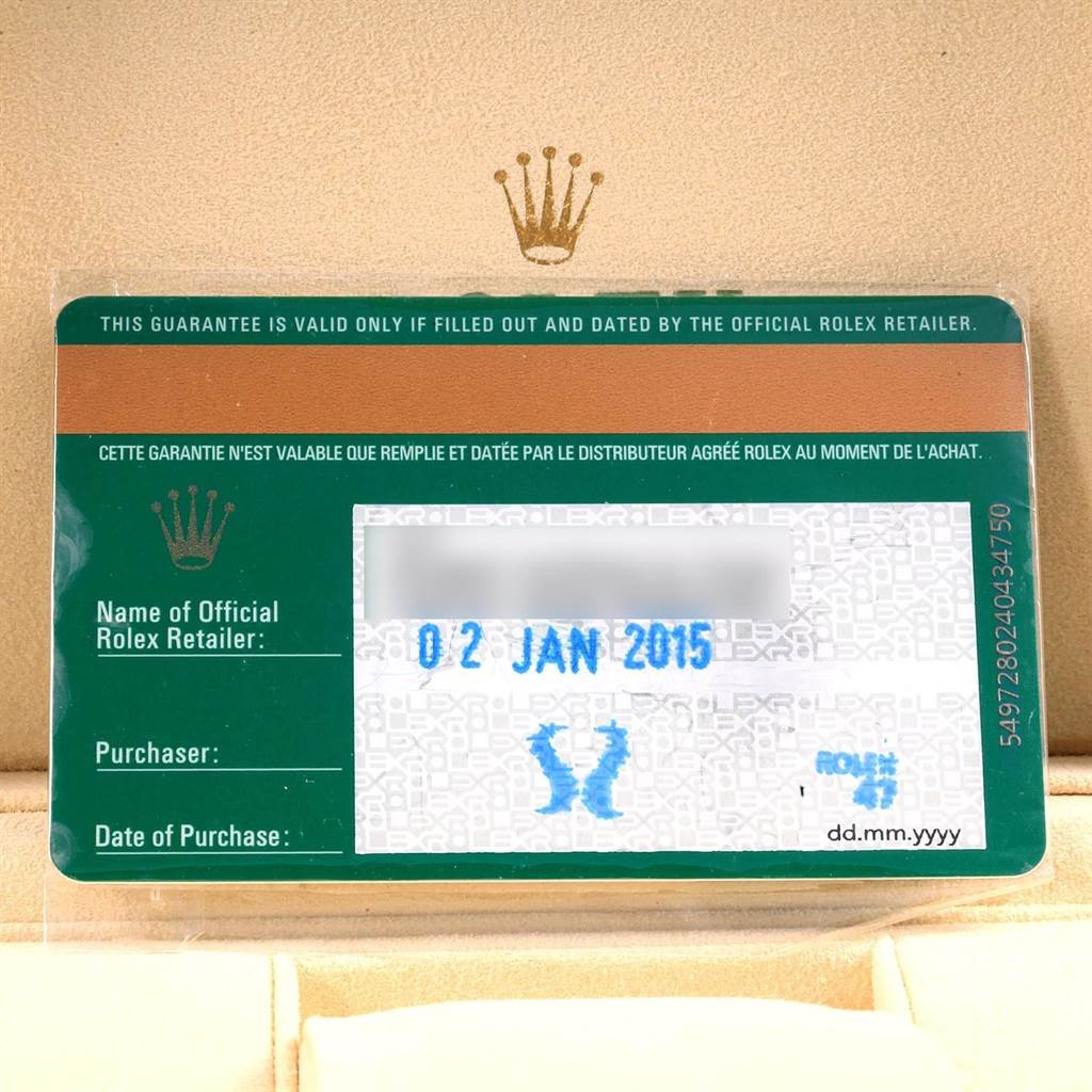 The image shows the warranty card for a Rolex Datejust 41 116334 Men's Stainless Steel Blue Dial 116334 Men's Stainless Steel Blue Dial model, indicating the date of purchase and retailer details.