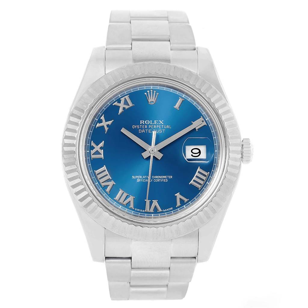 The image shows a frontal view of the Rolex Datejust 41 116334 Men's Stainless Steel Blue Dial 116334 Men's Stainless Steel Blue Dial watch, highlighting the blue dial, fluted bezel, and stainless steel bracelet.