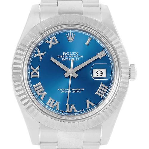Photo of Rolex Datejust II Steel White Gold Blue Roman Dial Watch 116334 Box Card