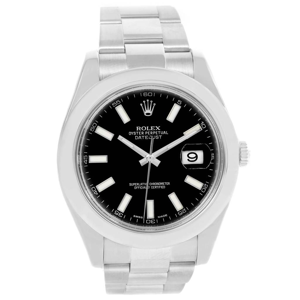 The image shows a frontal view of the Rolex Datejust 41 116300 Men's Stainless Steel Black Dial 116300 Men's Stainless Steel Black Dial watch, displaying its face, bezel, and part of the bracelet.