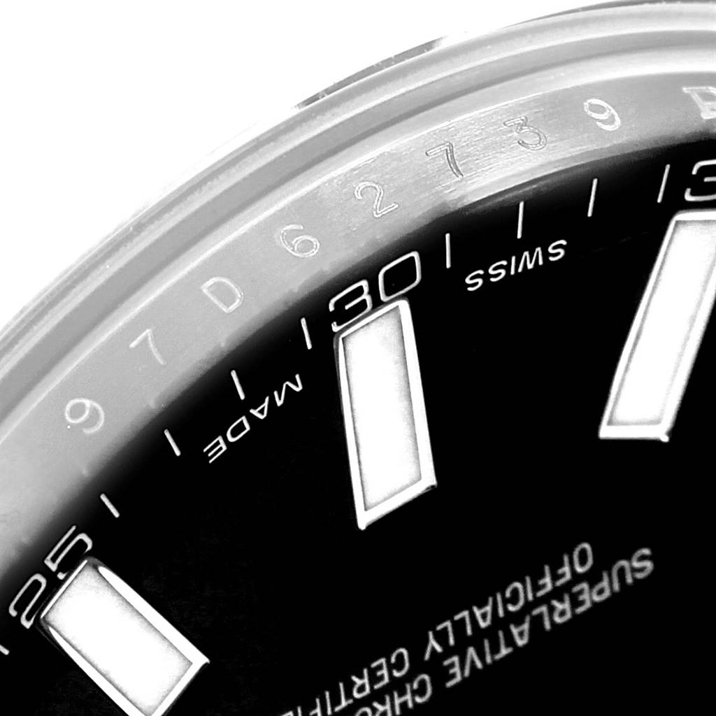 This close-up angle of the Rolex Datejust 41 116300 Men's Stainless Steel Black Dial 116300 Men's Stainless Steel Black Dial shows part of the dial, hour markers, and date aperture.