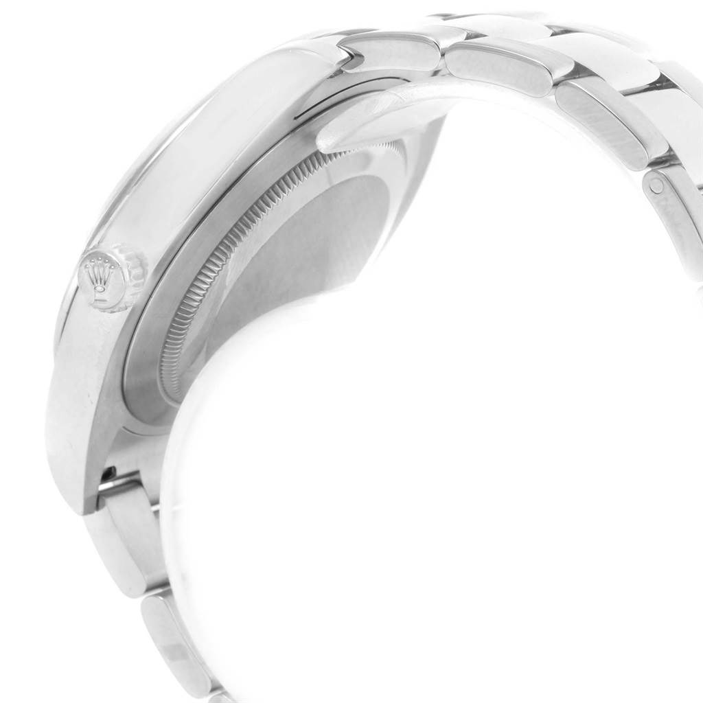 This is a side view of the Rolex Datejust 41 116300 Men's Stainless Steel Black Dial 116300 Men's Stainless Steel Black Dial model, showing the crown and part of the bracelet.