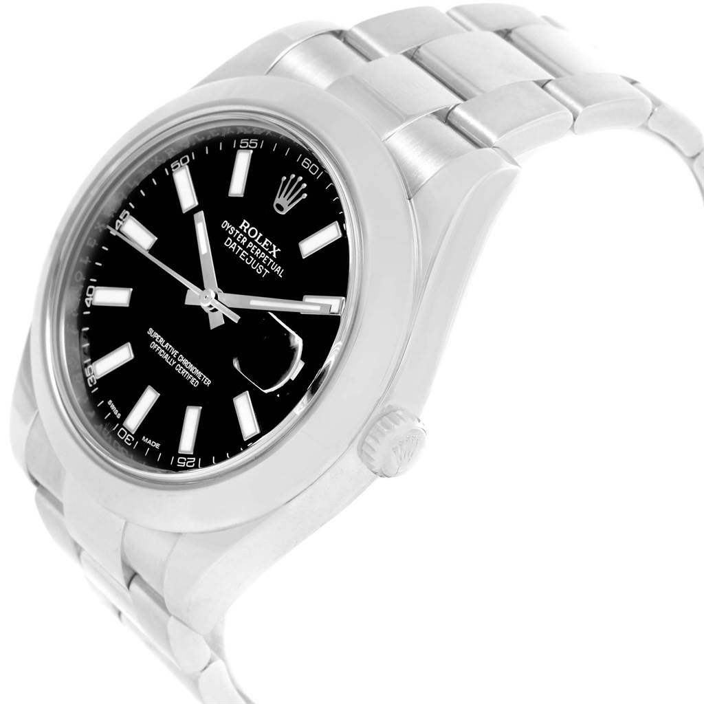 The image shows a side angled view of the Rolex Datejust 41 116300 Men's Stainless Steel Black Dial 116300 Men's Stainless Steel Black Dial watch, highlighting its black dial and metal strap.