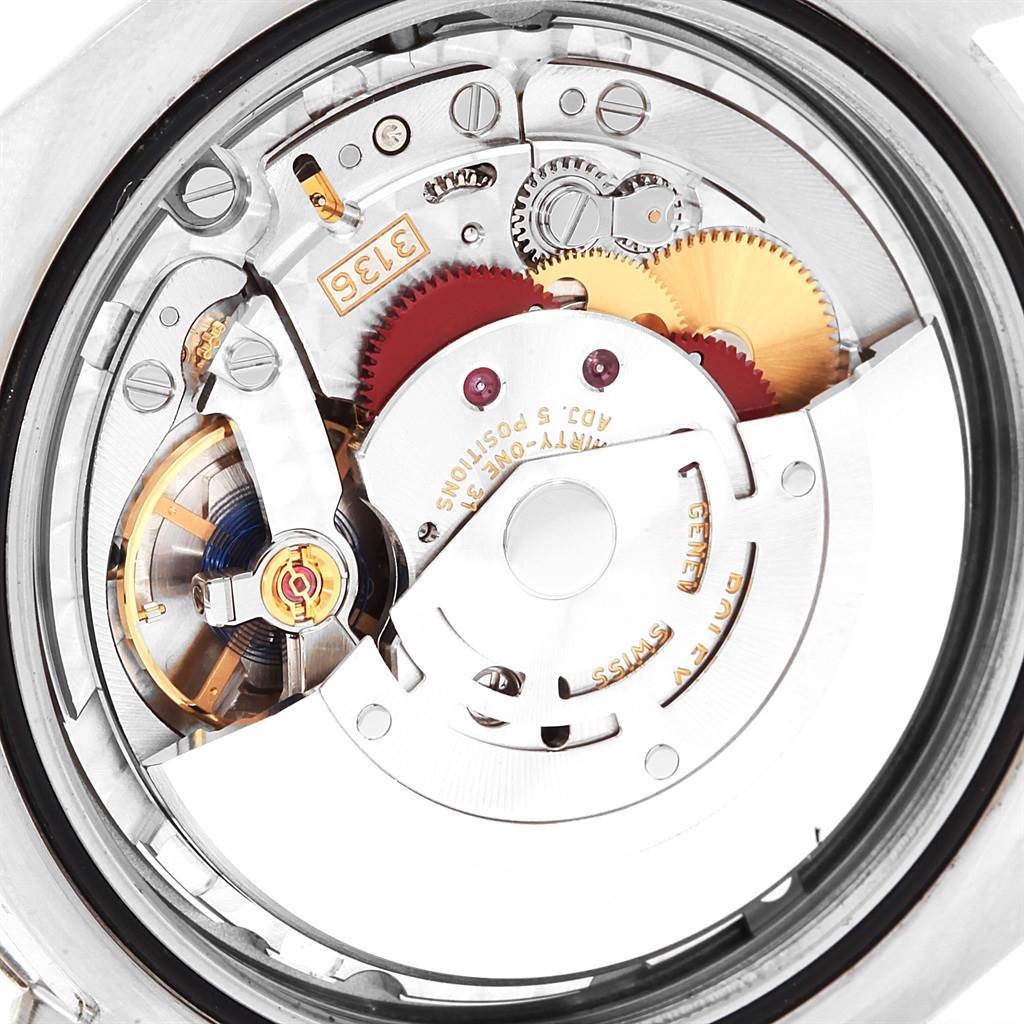 This image shows the intricate inner mechanism of the Rolex Datejust 41 116300 Men's Stainless Steel Blue Dial 116300 Men's Stainless Steel Blue Dial watch from a rear angle.