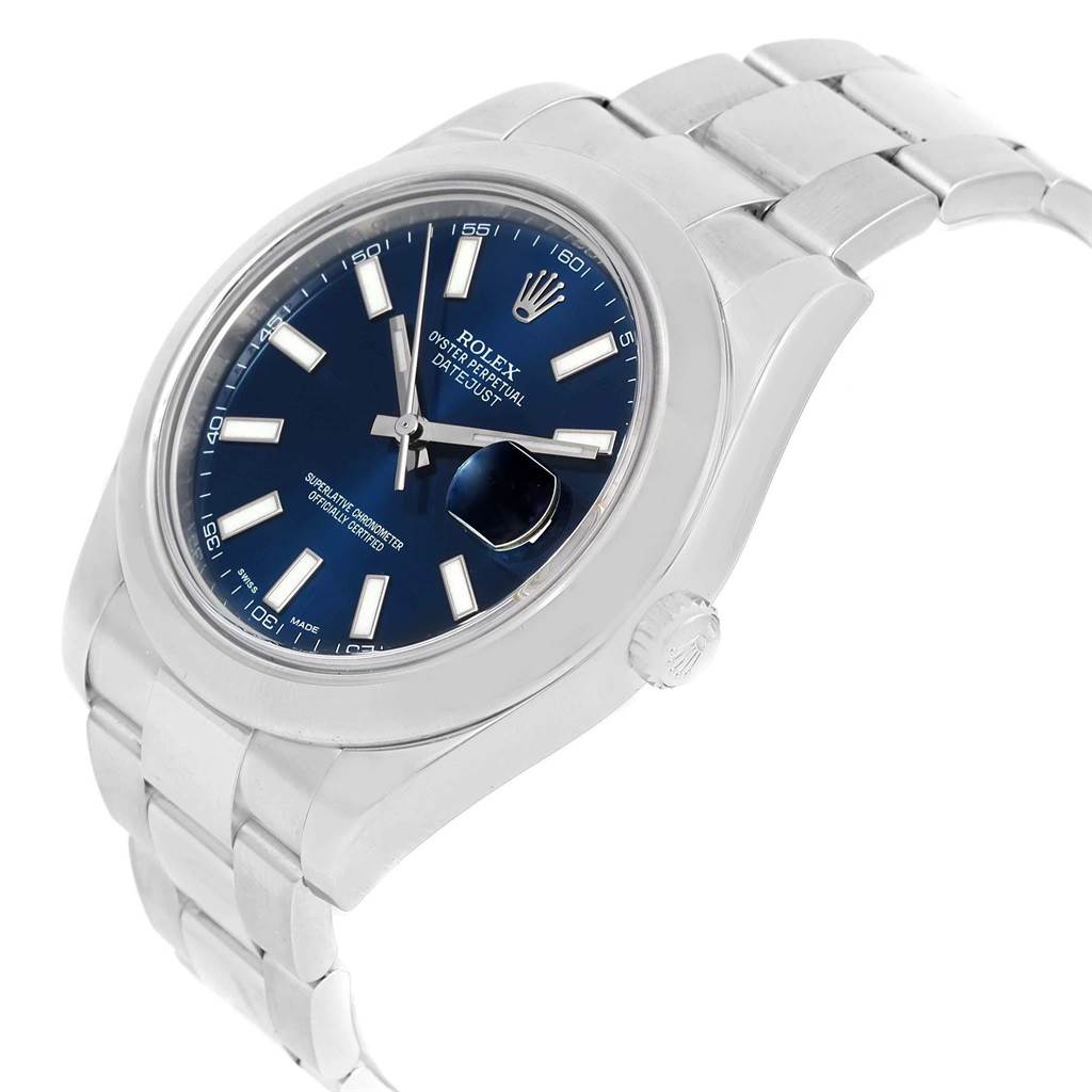 The image shows a Rolex Datejust 41 116300 Men's Stainless Steel Blue Dial 116300 Men's Stainless Steel Blue Dial in a three-quarter view, highlighting the blue dial, date window, and stainless steel bracelet.