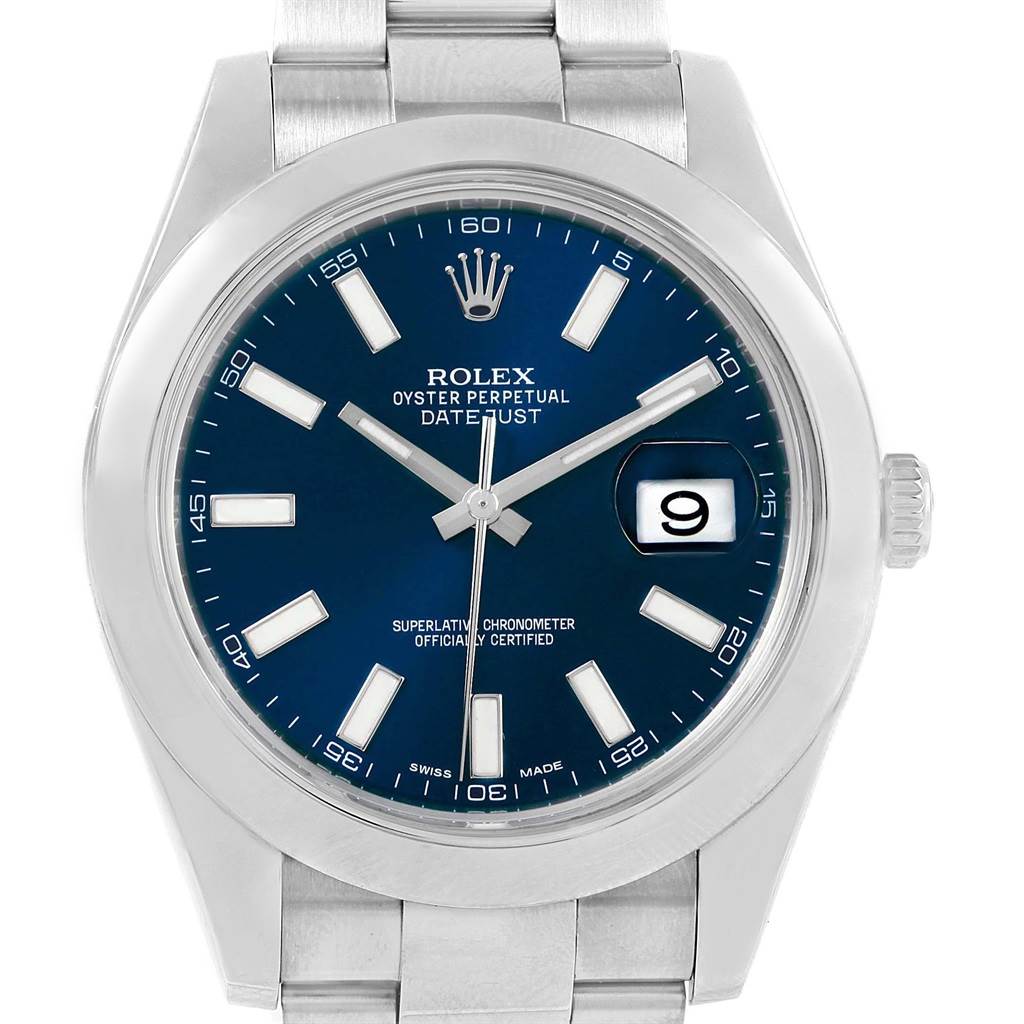 The image shows a front view of the Rolex Datejust 41 116300 Men's Stainless Steel Blue Dial 116300 Men's Stainless Steel Blue Dial watch, focusing on the dial, hands, and bracelet.