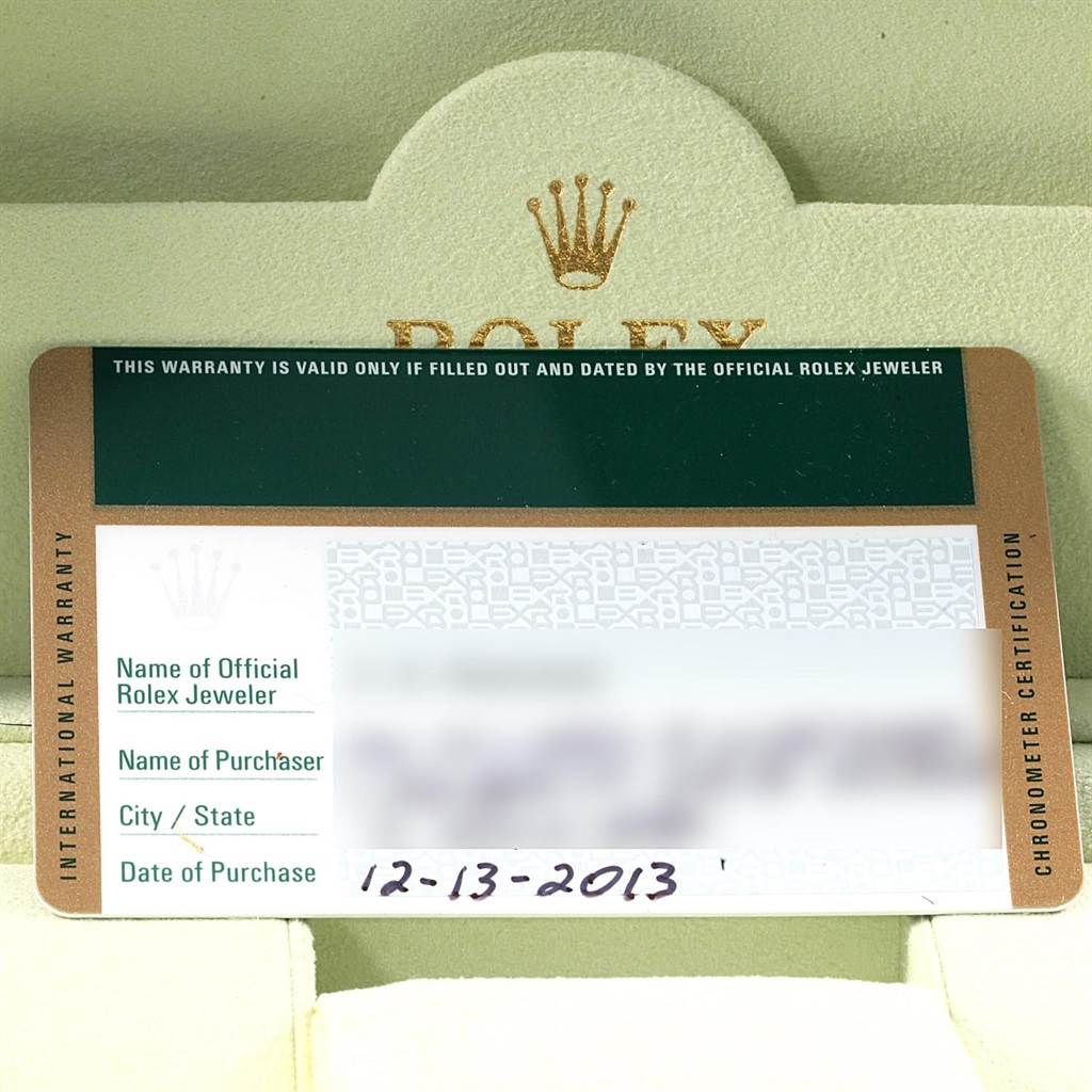 The image shows a warranty card for the Rolex Datejust 41 116334 Men's Stainless Steel Blue Dial 116334 Men's Stainless Steel Blue Dial, including fields for jeweler, purchaser, city/state, and purchase date.