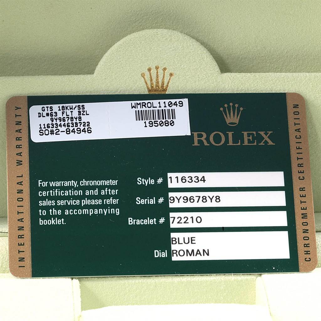 This image shows the warranty and certification card for the Rolex Datejust 41 116334 Men's Stainless Steel Blue Dial 116334 Men's Stainless Steel Blue Dial model, detailing style, serial, and bracelet numbers.