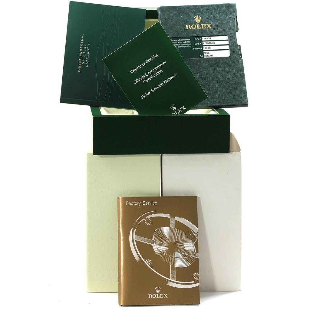 The image shows the packaging, warranty booklet, and service booklet of a Rolex Datejust 41 116334 Men's Stainless Steel Blue Dial 116334 Men's Stainless Steel Blue Dial watch.