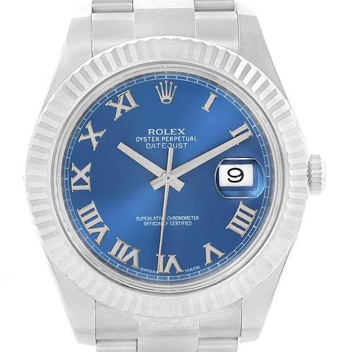 Photo of Rolex Datejust II Blue Roman Dial Fluted Bezel Watch 116334 Box Card