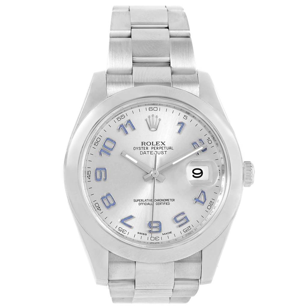 This image shows a front view of the Rolex Datejust 41 116300 Men's Stainless Steel Silver Dial 116300 Men's Stainless Steel Silver Dial, displaying the dial, hands, date window, and bracelet.