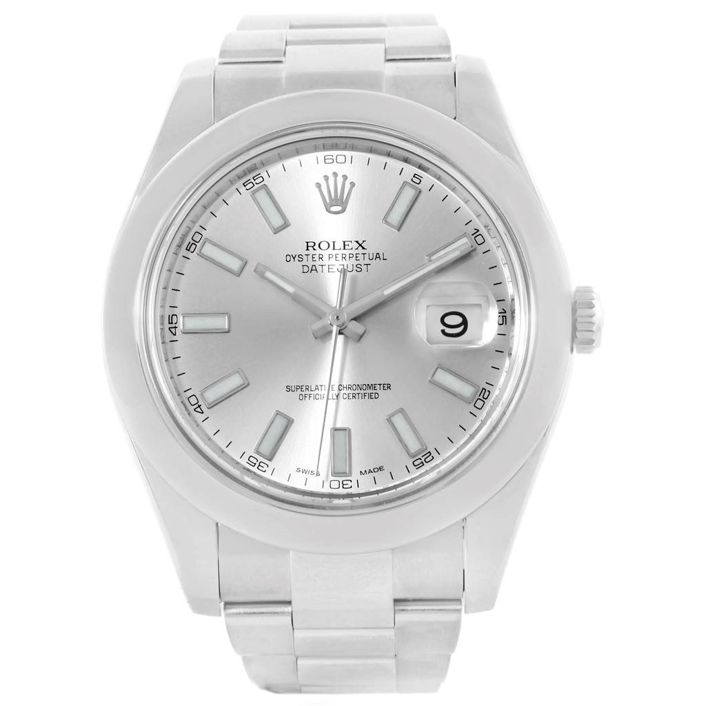 This image shows a front view of the Rolex Datejust 41 116300 Men's Stainless Steel Silver Dial 116300 Men's Stainless Steel Silver Dial watch displaying its dial, hour markers, hands, and bracelet.