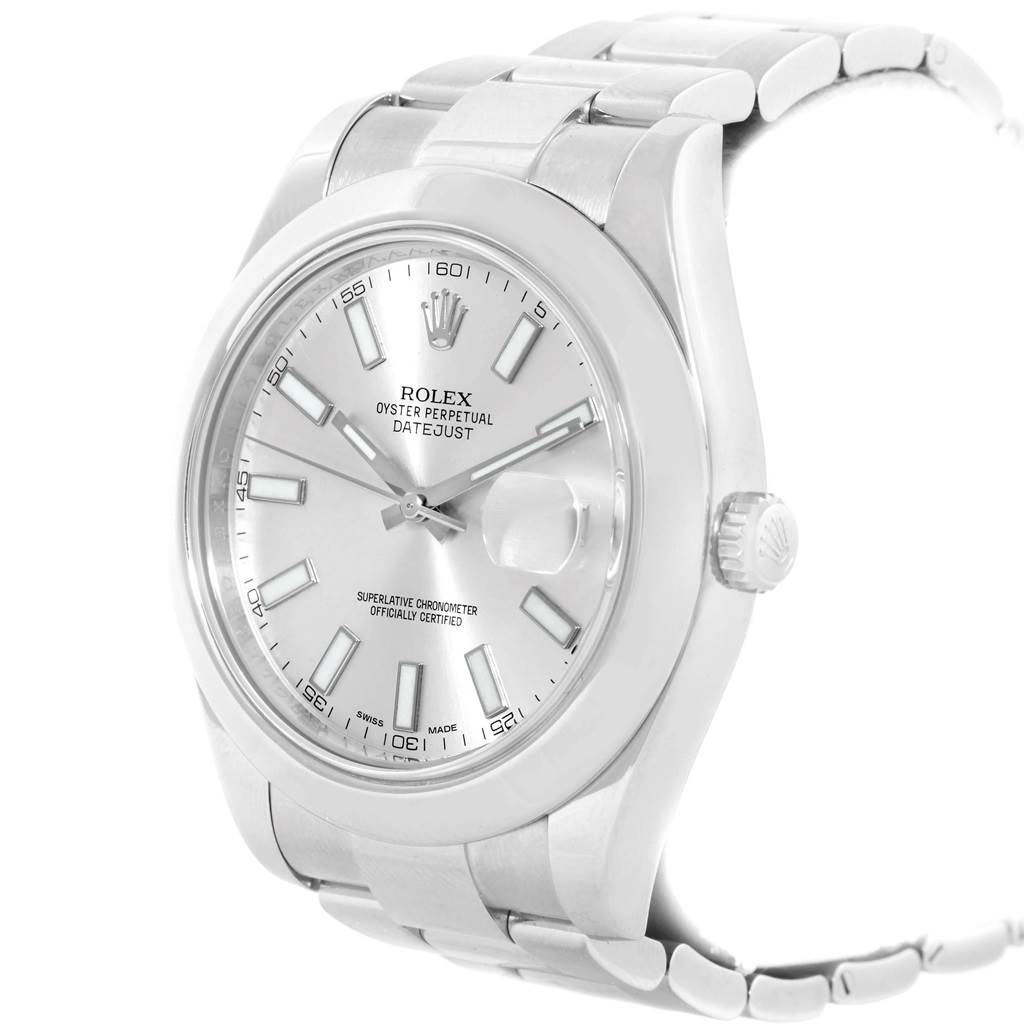 The image shows a Rolex Datejust 41 116300 Men's Stainless Steel Silver Dial 116300 Men's Stainless Steel Silver Dial watch from a three-quarter angle, prominently displaying the dial, bezel, and part of the bracelet.
