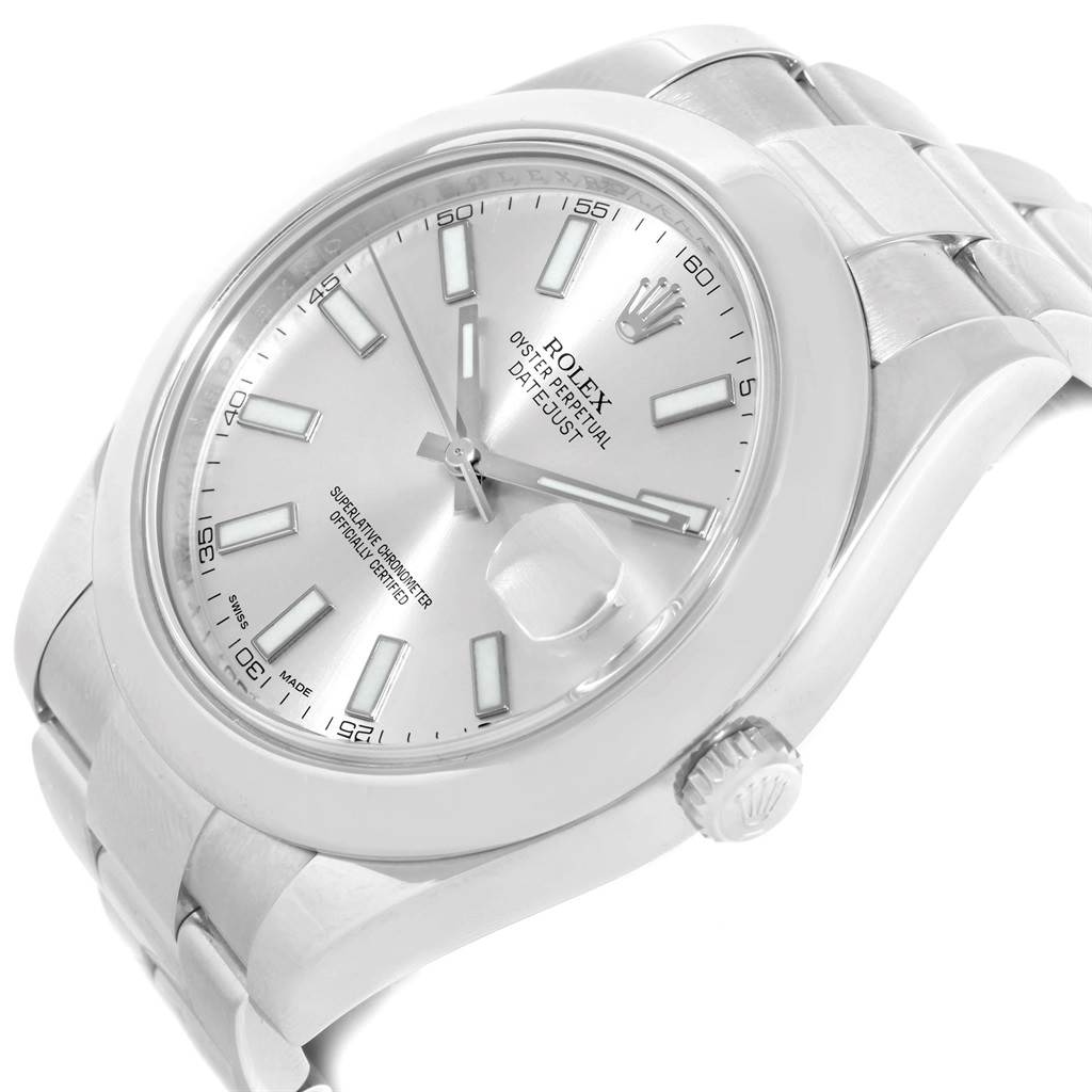 This image features the Rolex Datejust 41 116300 Men's Stainless Steel Silver Dial 116300 Men's Stainless Steel Silver Dial, highlighting its dial, bezel, crown, and bracelet at an angled view.